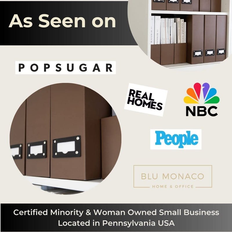 BLU MONACO | Cardboard Magazine File Holder Set of 6 | Vertical Magazine File Holder with Leather Label Slots | Standing File Holder and Cardboard Bins for Shelves Desk Office - Image 3